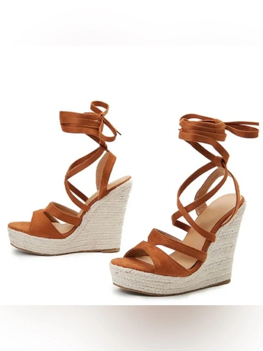Tan Lace-Up Wedge Sandals